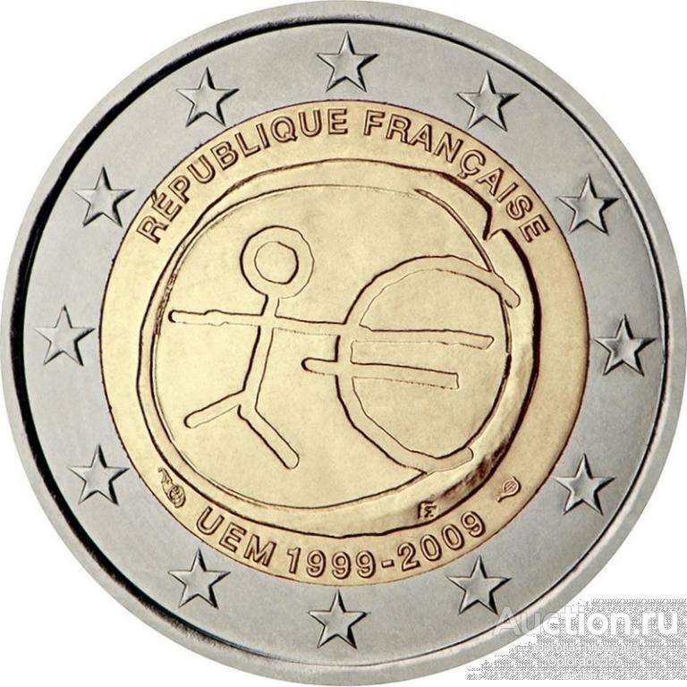 Франция, 2 евро 2009 г., 10 лет Экономическому и валютному союзу. UNC.