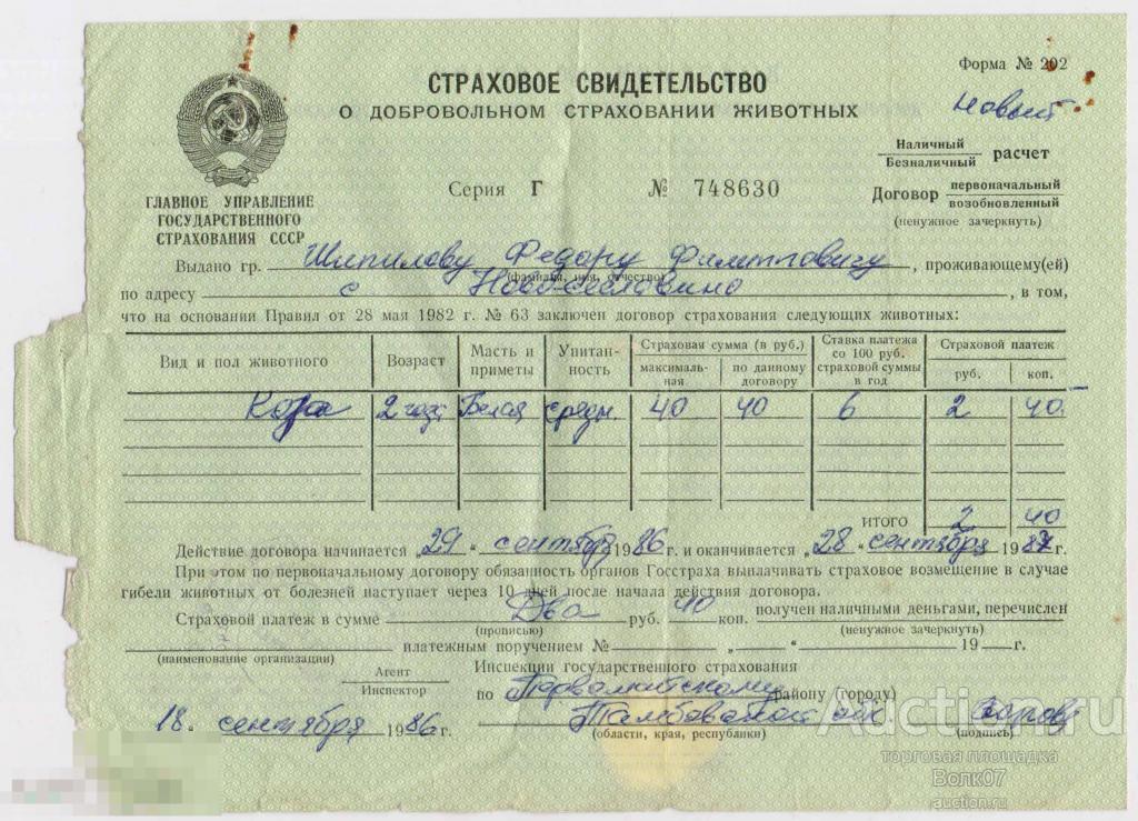 Договор страхования животных образец