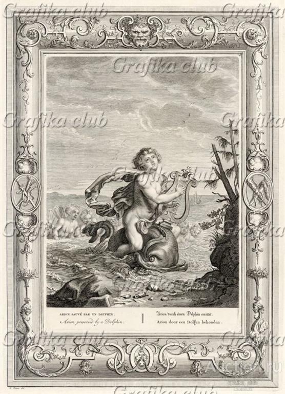 Дельфин, зачарованный пением, спасает Ариона (лист