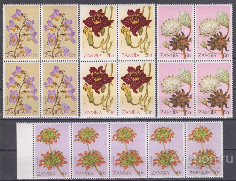 Замбия 1983 цветы Mi290-293 MNH квартблоки+сцепка