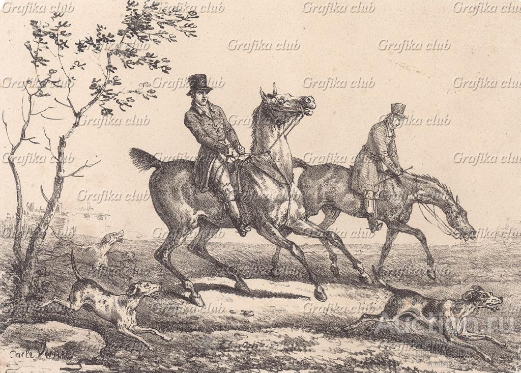 Гончие и охотники мчатся по следу. Литография