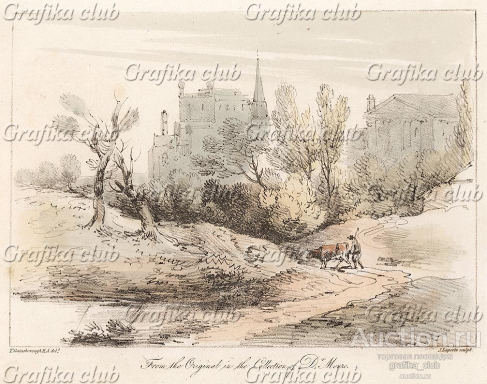 Пастух с коровой на фоне замка. Гравюра с рисунка