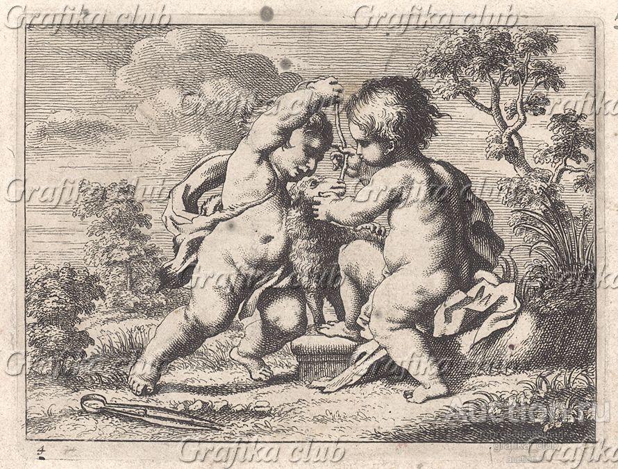 Малыши играют с овечкой. Гравюра с оригинала