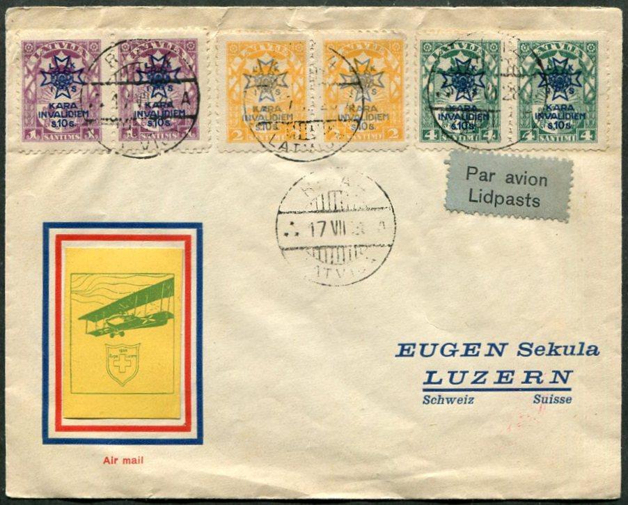 АВИАПОЧТА 1928 Латвия ДЕРУЛЮФТ конверт РИГА-ЛЮЦЕРН (Швейцария) биплан авиация непочтовая виньетка