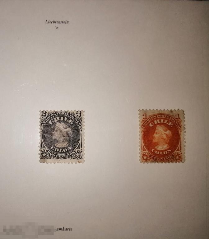 Марки Чили 1867 год SC#14, 15 .1 и 2 centavos. 