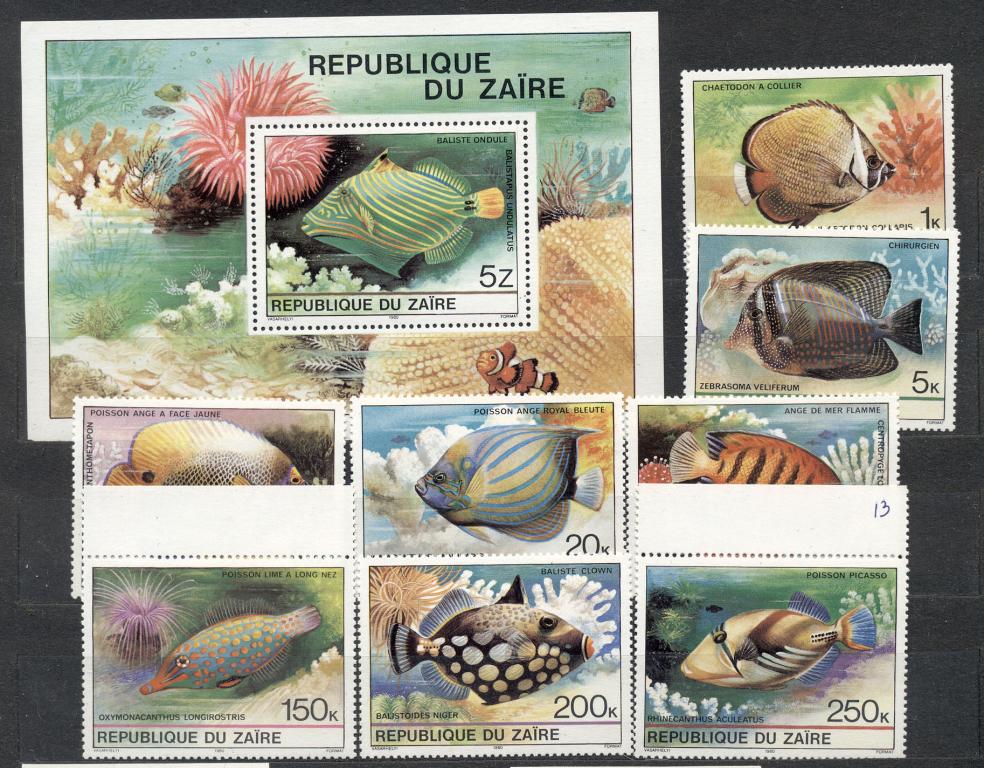 Заир (Конго) 1980 г.. серия и блок Рыба коралловых рифов  негашеная **