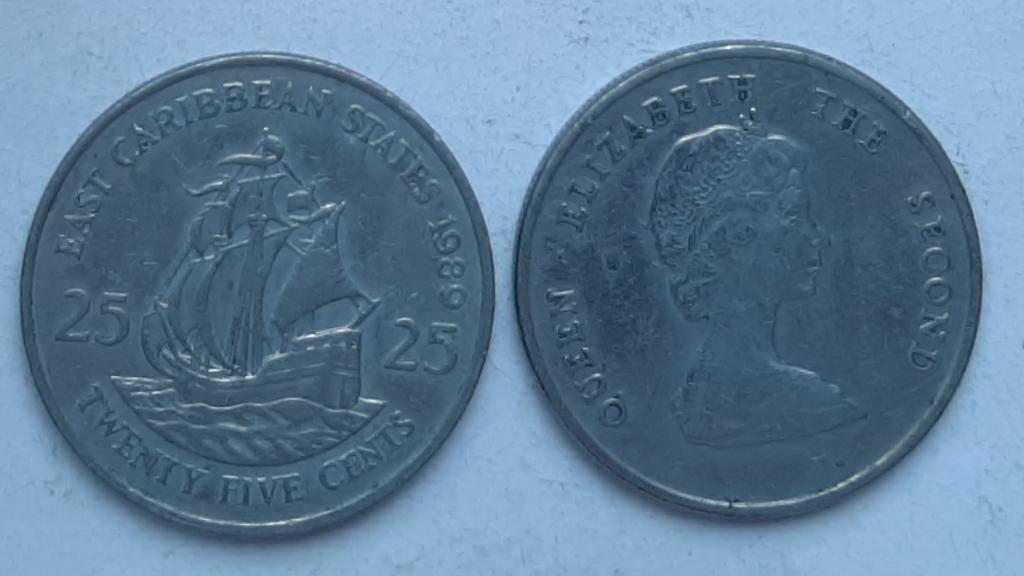 Восточные Карибы. Парусник - 25 центов, никель, 1989