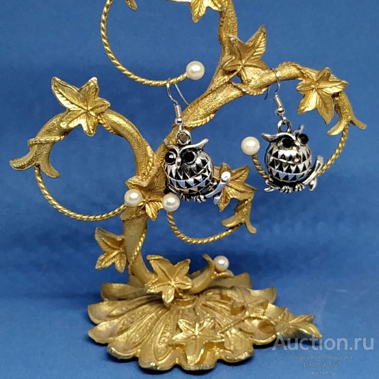 Винтажные серьги Сова на ветке, серебристый тон, бижутерия, США, 1980+/-