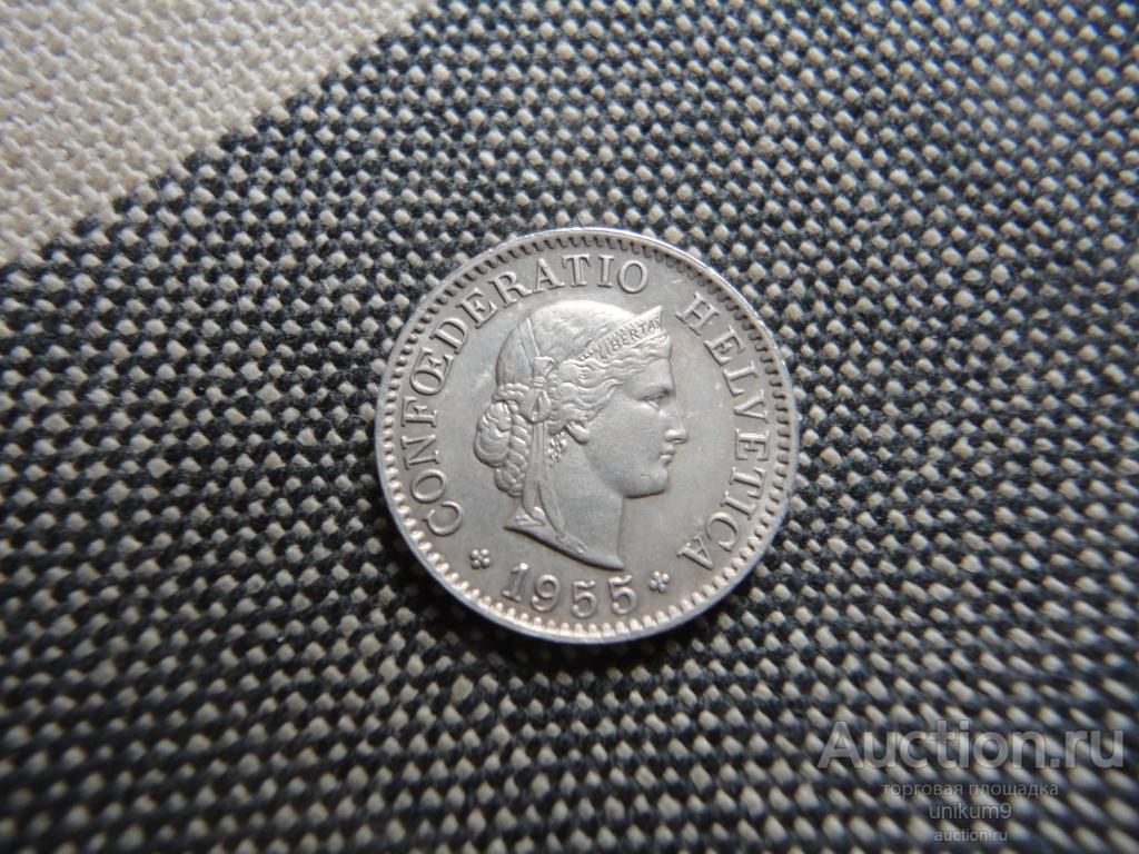 монета   Швейцария.  5   раппенов 1955г.