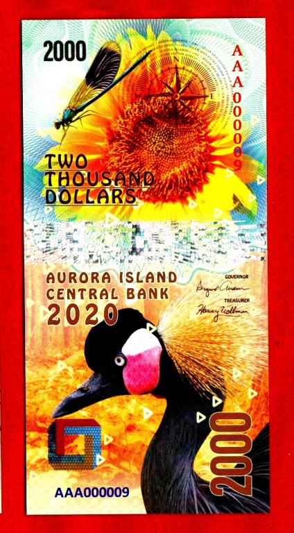 Остров Аврора, 2000 долларов, 2020, UNC, серия ПТИЦЫ (ФАУНА), ПОЛИМЕР
