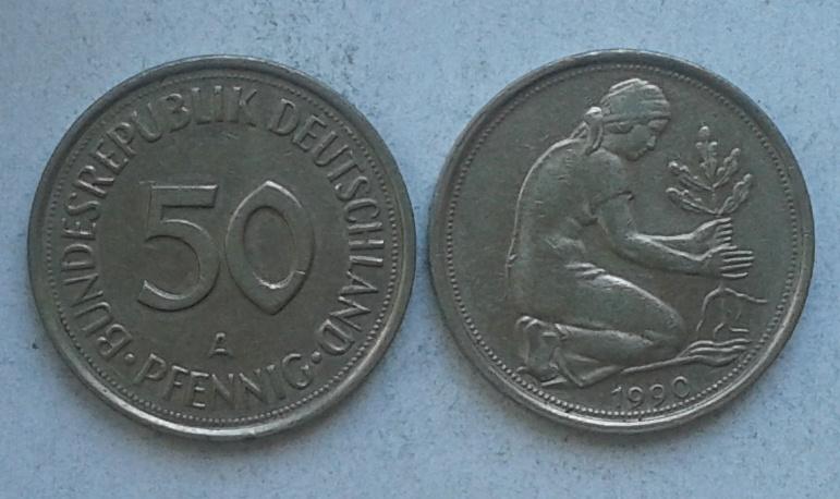 Германия. ФРГ. 50 пфеннигов, никель,1990 A
