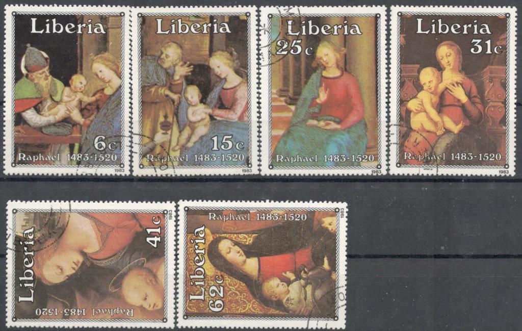 Либерия, 1983, № 1281-1286, € 3,8, гаш, полн., живопись, искусство, религия, Рафаэль