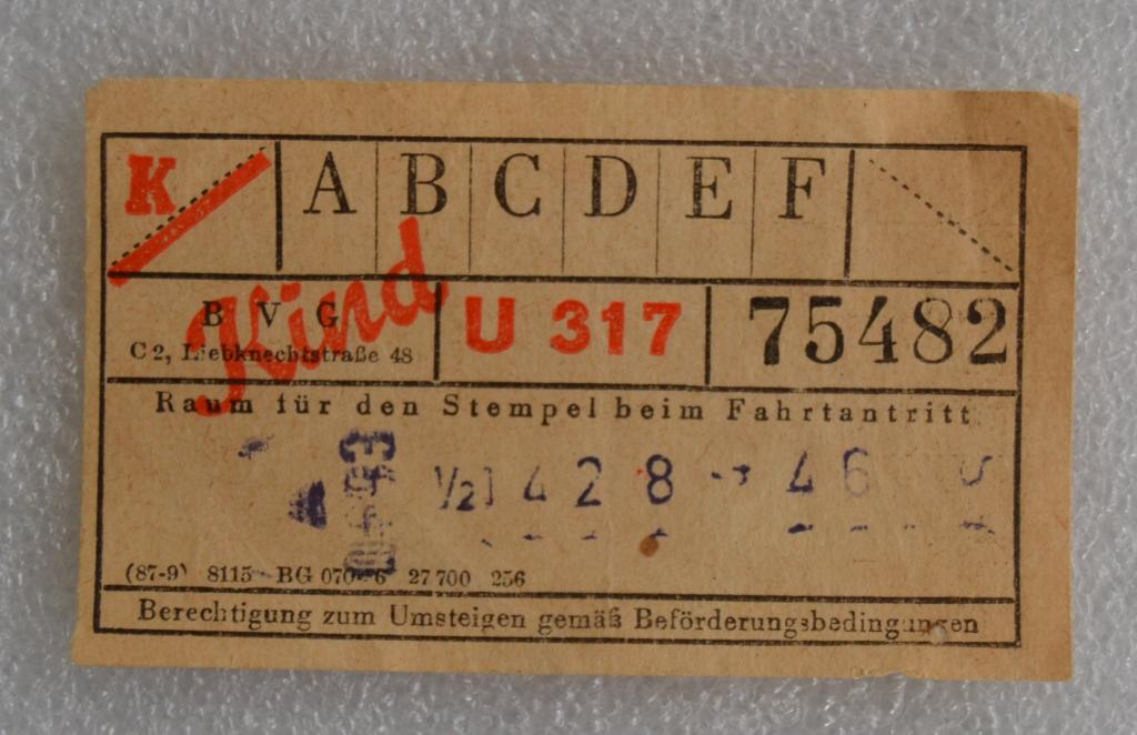 Билет на Электричку Метро Берлин  ГДР 1957 год