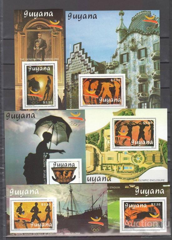 ГАЙАНА 1989, ОЛИМПИАДА, БАРСЕЛОНА 1992, АНТИЧНОСТЬ, БАРСЕЛОНА 92, КОЛУМБ, 6 ЛЮКС БЛОКОВ MNH
