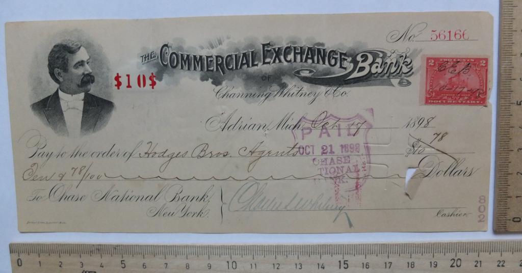 банковский чек США номиналом 10 долларов, 1898 год