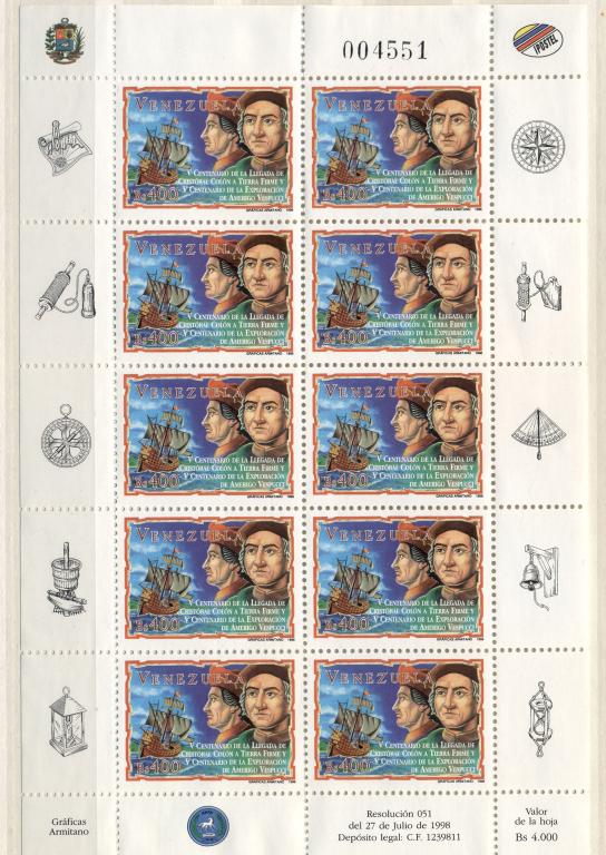 Венесуэла 1998 г. МЛ 500-летие   путешествий Колумба и Веспуччи негашеная**