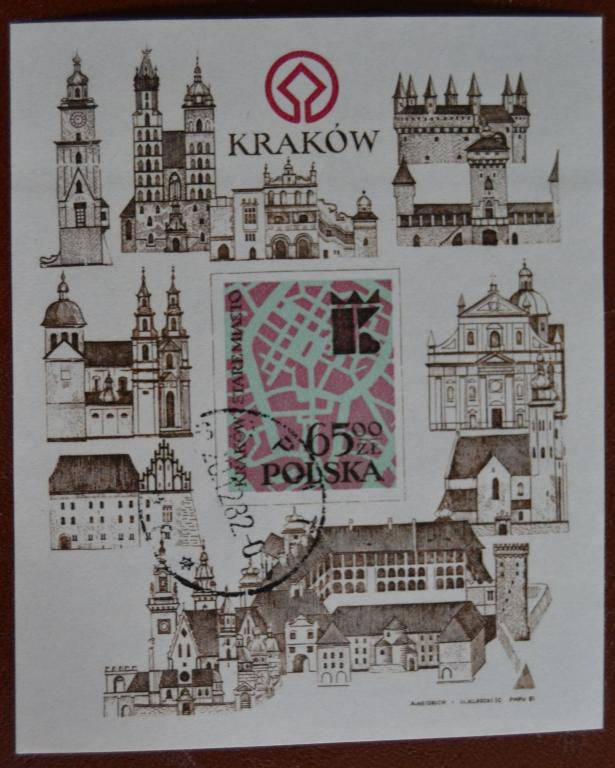 Польша 1982 год Карта города Краков - Реставрация памятников в Кракове Блок Гаш