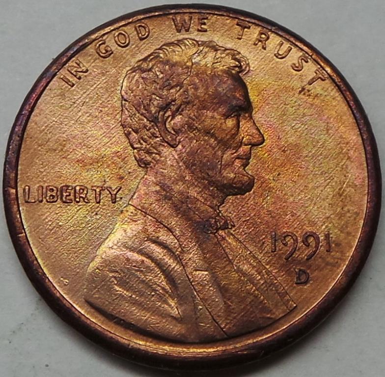 США 1 цент 1991 D года (3) КМ#201b