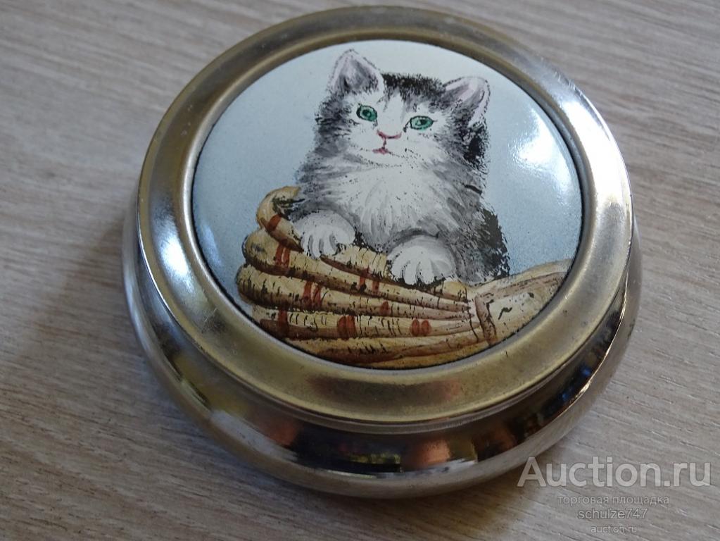 ШКАТУЛКА ПУДРЕНИЦА КОШКА КОТ КОТИК ЛЕНЭМАЛЬЕР ЛЕНИНГРАД СССР ЭМАЛЬ РОСПИСЬ