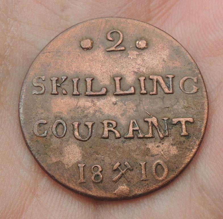 2 скиллинга 1810 года, Фредерик VI, Королевство Норвегия, медь.