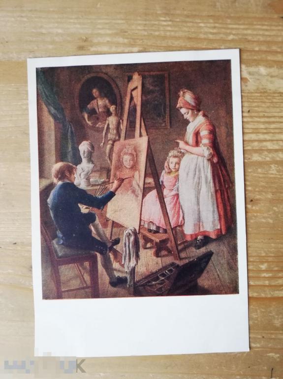 Открытка дети Юный живописец худ. Фирсов 1959 Изогиз ГТГ мольберт краски живопись 