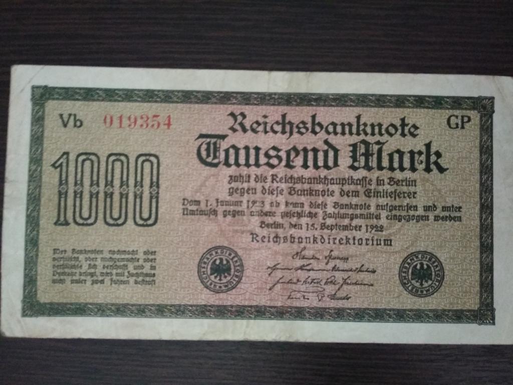Банкноты.Германия.Веймарская республика.1922.15 сентября.1000 марок.Красный номер