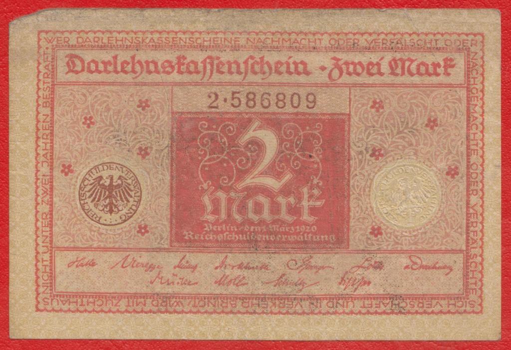 Германия 2 марки 1920 г. 2 586809 красная