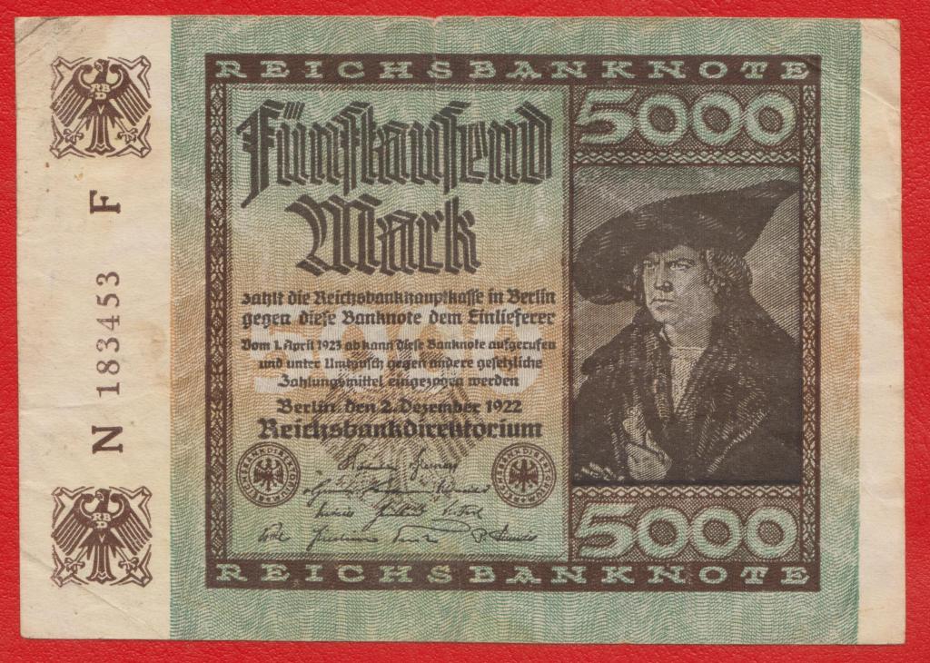 Германия 5000 марок 1922 г. 2 декабря N 183453 F Крючковатые звезды