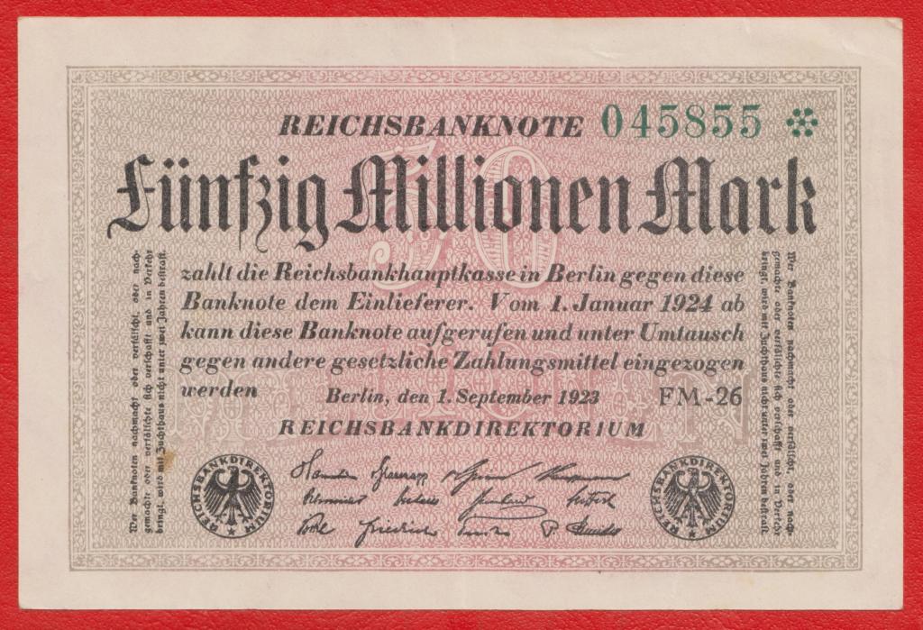 Германия 50 миллионов марок 1923 г. 1 сентября FM26 045855 Крючковатые звезды 50000000