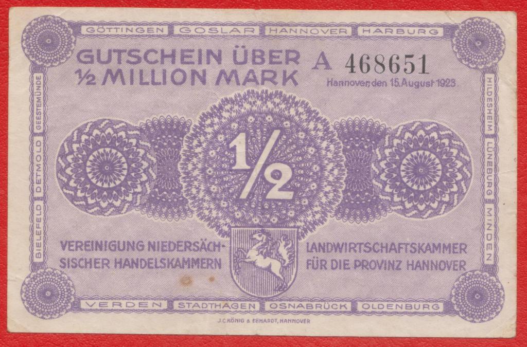 Германия Ганновер 1/2 миллиона марок 1923 г. A 468651 500000