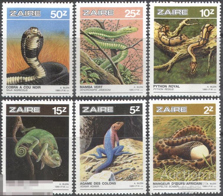 0160 ✅ Фауна Рептилии Змеи Ящерицы Хамелеоны 1987 Заир 6м п/с ** 6МЕ