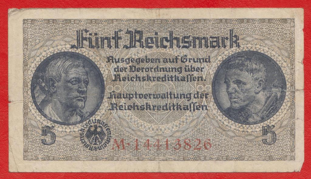 Германия 3 рейх 5 марок 1939 г. M 14413826 в номере 8 цифр знаков