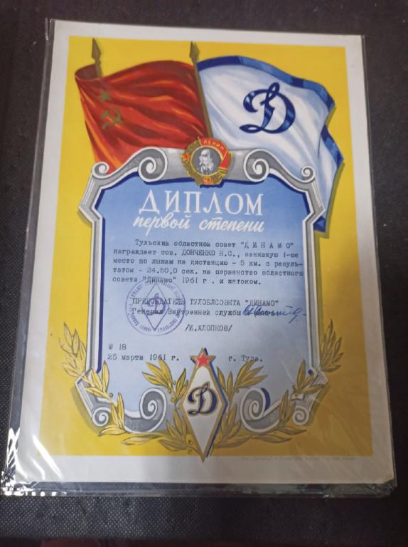 Диплом первой степени, лыжи. Динамо