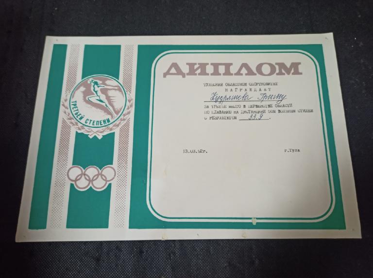 Диплом за 3 место по плаванию. Тула 1992