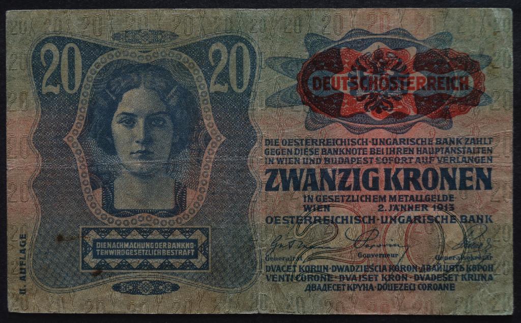 Австрия 20 крон 1913 год.Надпечатка.