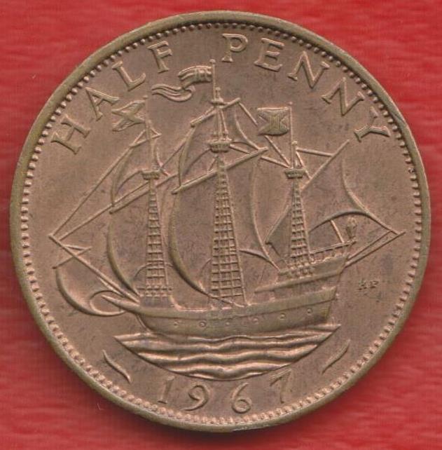 Великобритания Англия 1/2 пенни 1967 г. Елизавета II полпенни