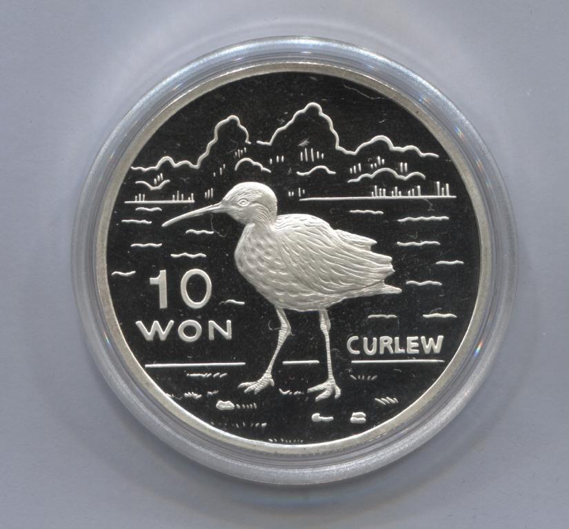 Северная Корея КНДР 10 вон 2004 CURLEW Кроншнеп серебро Ag999 31 г