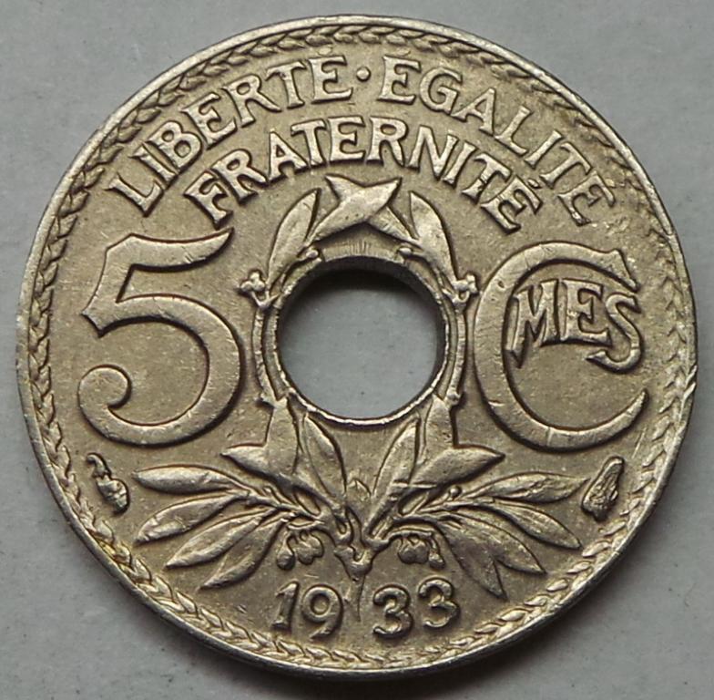 Франция 5 сантимов 1933 года (3) КМ#875