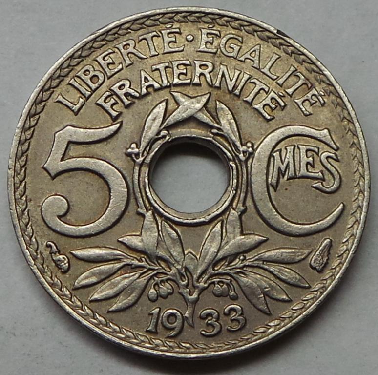 Франция 5 сантимов 1933 года (7) КМ#875