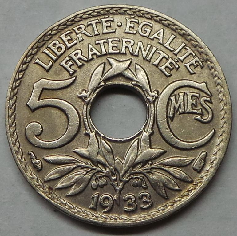 Франция 5 сантимов 1933 года (2) КМ#875