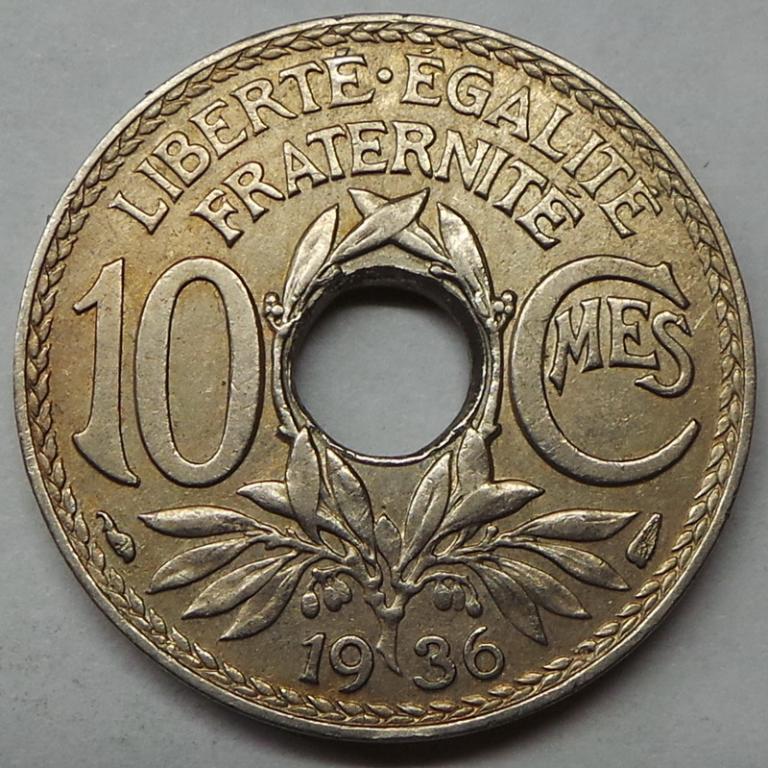 Франция 10 сантимов 1936 года (14) КМ#866a