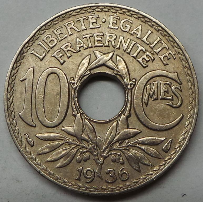 Франция 10 сантимов 1936 года (17) КМ#866a