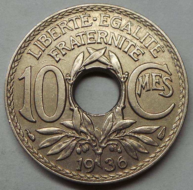 Франция 10 сантимов 1936 года (9) КМ#866a