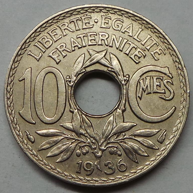 Франция 10 сантимов 1936 года (8) КМ#866a