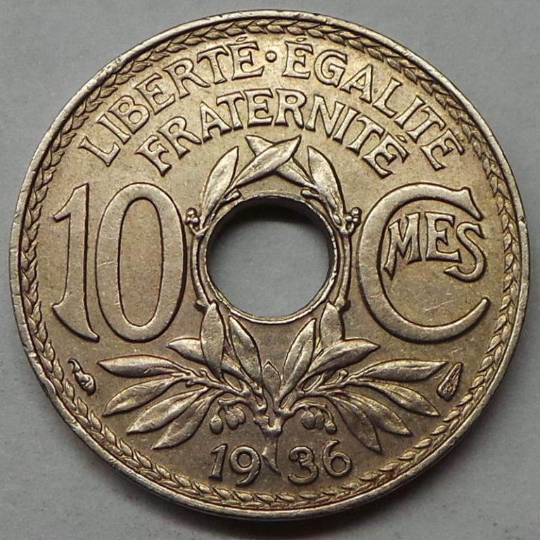 Франция 10 сантимов 1936 года (12) КМ#866a