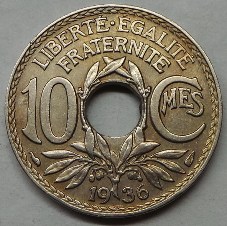Франция 10 сантимов 1936 года (3) КМ#866a