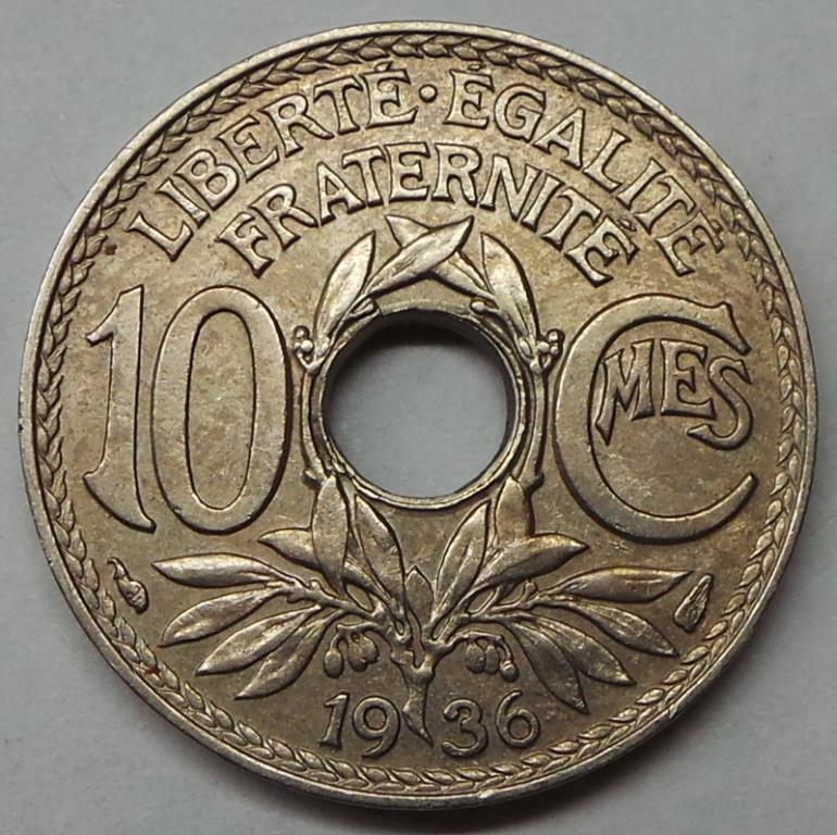 Франция 10 сантимов 1936 года (18) КМ#866a