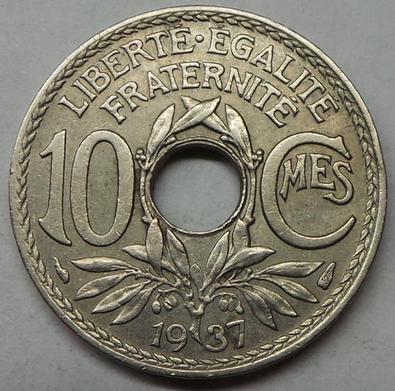Франция 10 сантимов 1937 года (10) КМ#866a