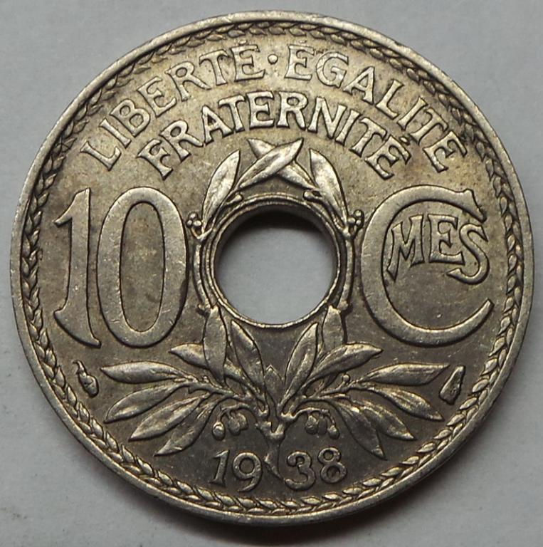 Франция 10 сантимов 1938 года (7) КМ#866a