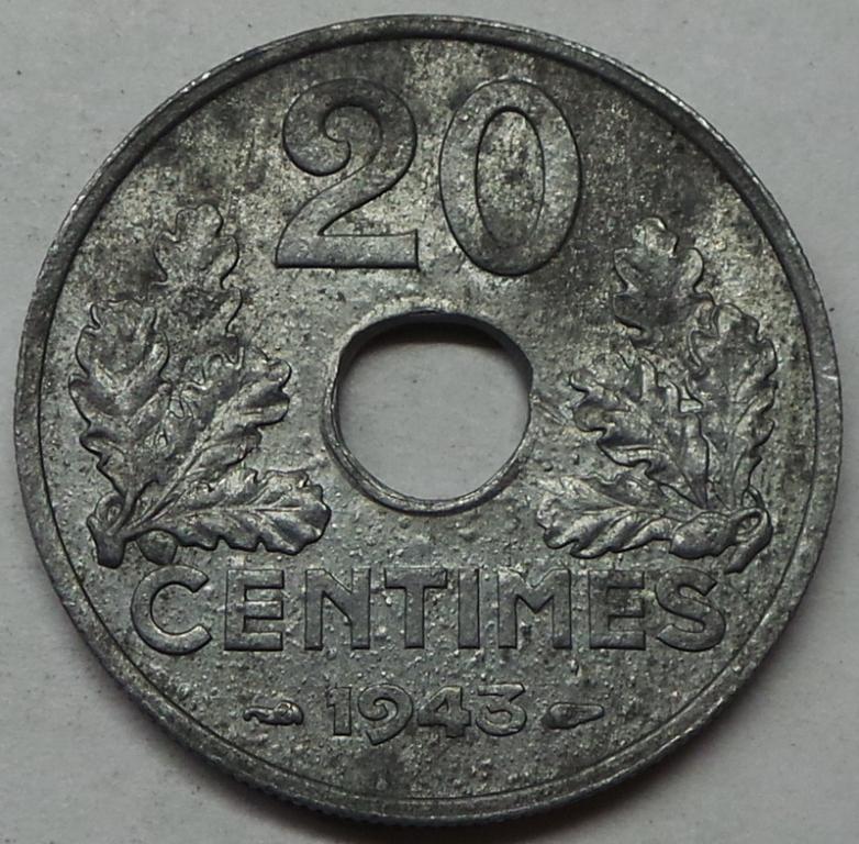 Франция 20 сантимов 1943 A года (12) КМ#900.1